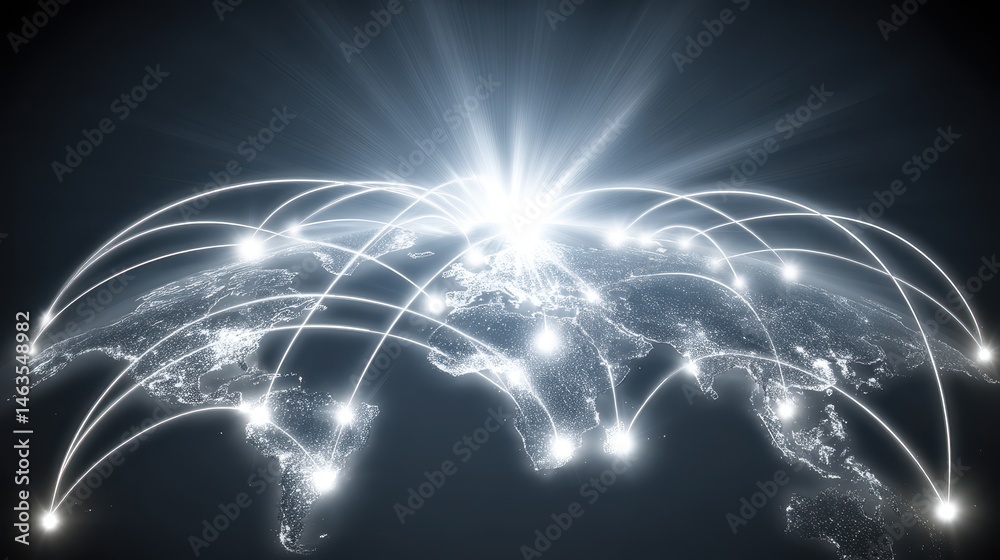 Poster Global network connecting world continents with bright light emanating from Europe conceptual illustration