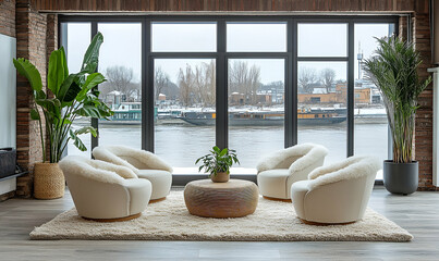 Modern Living Room with White Sheepskin Armchairs and River View