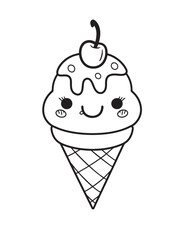 Kawaii Ice Cream Cone Line Art Summer Coloring Page