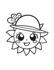 Kawaii Girl with Sunflower Hat Line Art Coloring Page