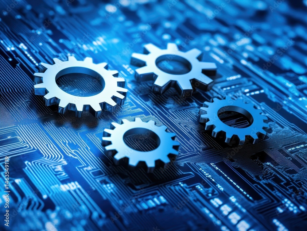 Aufkleber Gears on circuit board close up shot illustrating technology and engineering concepts in blue tones and modern design