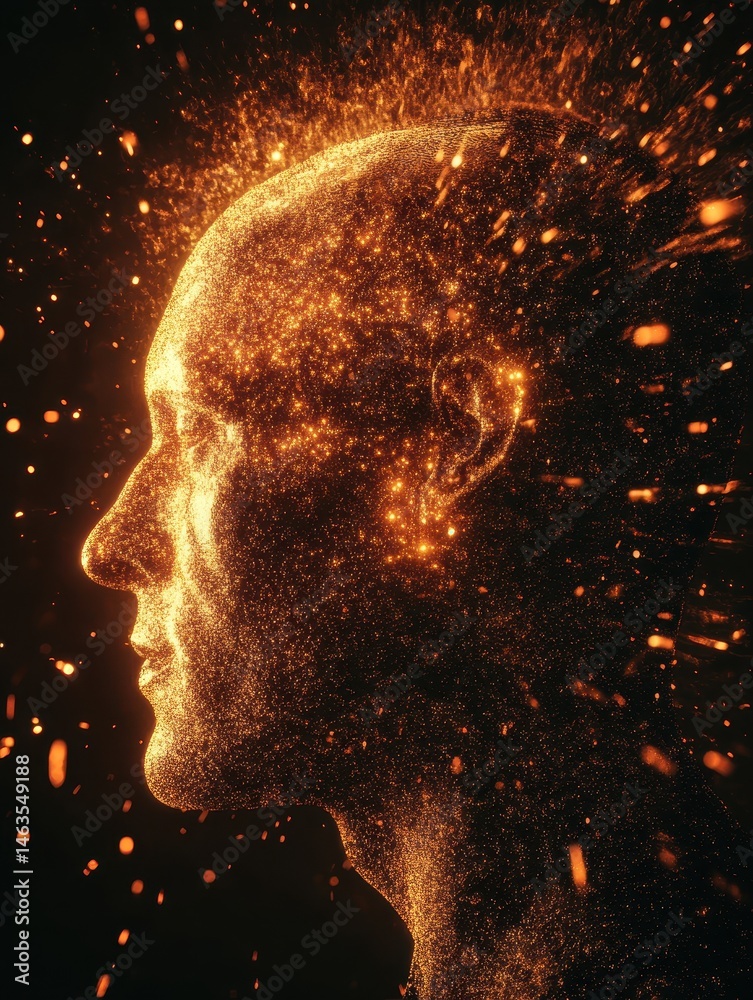Poster Glowing head profile with sparkling particles representing intelligence and innovation on dark background studio shot
