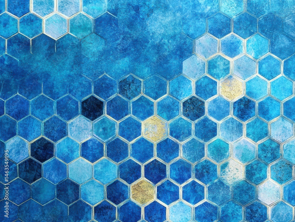 Poster Abstract blue hexagon tile pattern with gold accents decorative design background top angle view