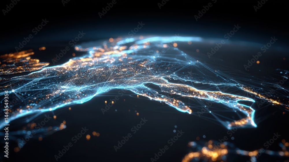 Fototapete Abstract Global Network Visualization Connecting Cities Across Continents from Space Perspective; Futuristic Digital Earth Concept for Technology and Communication