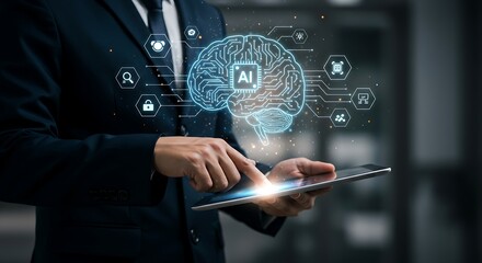 Against a dark backdrop, a tablet emits a bright AI brain interface with surrounding digital symbols, as a professional in a suit engages with the technology