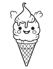 Kawaii Ice Cream Cone Line Art Summer Coloring Page