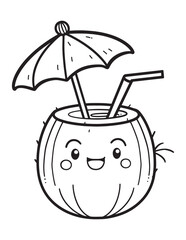 Smiling Coconut Drink with Umbrella Line Art Coloring Page