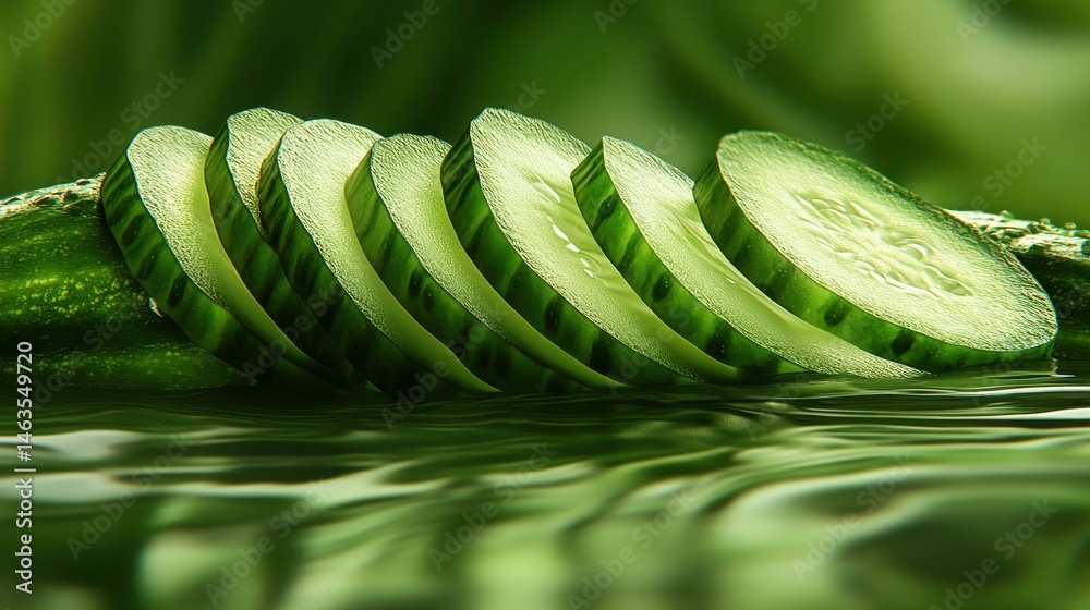 Poster Close-up of Sliced Cucumber Floating in Water with Reflection; Fresh Green Vegetable Slices for Healthy Eating and Refreshment; Studio Shot