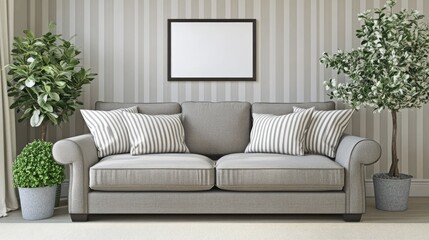 A neutral color living room scene with plants and a sofa.