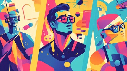 Colorful abstract illustration of three individuals wearing glasses, showcasing creativity and technology