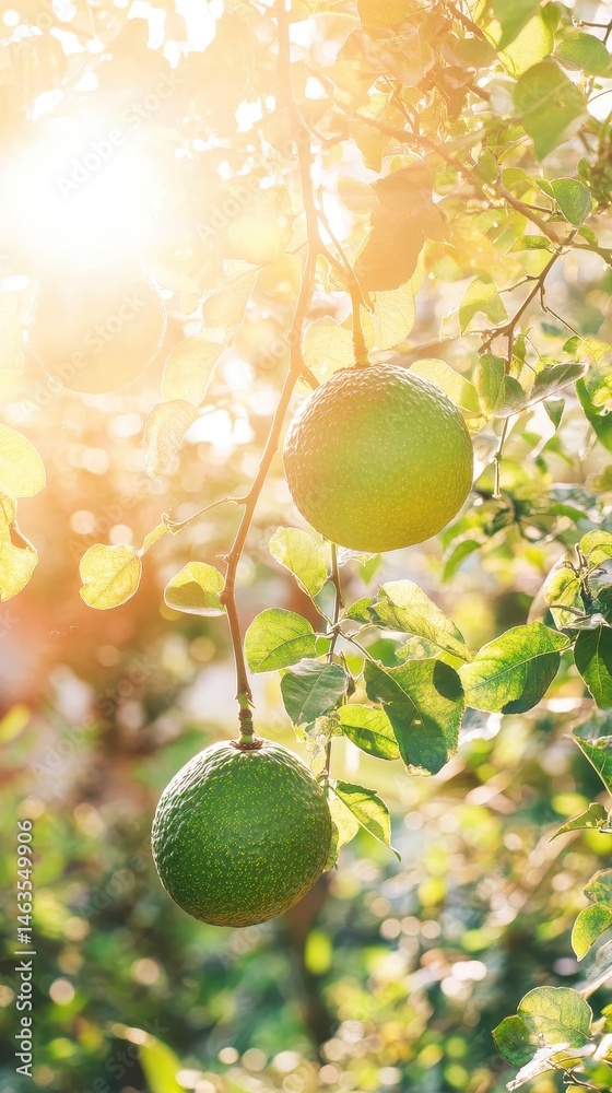 Poster close up of two green pomelos hanging on a tree branch in bright sunlight in an orchard at golden ho