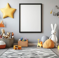 Grey nursery room interior features a large black frame mockup poster, yellow star, stuffed animals in a basket, wooden toy box, plush bunny, and grey patterned rug. Soft lighting and calm atmosphere.