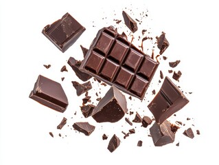 Dark Chocolate Bar and Pieces in Mid-Air Isolated on White Background Food Photography Studio Shot Close Up