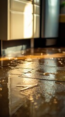 Fototapeta premium Watery kitchen floor with cabinet reflection, low angle shot, accident or spill situation, indoor setting, home