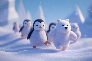 Cute polar bear and penguins in a snowy landscape.