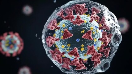 Close-up macro visualization of virus suspended inside a micro-droplet, drifting slowly through air - Powered by Adobe