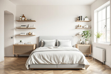 Modern minimalist bedroom interior with natural wood furniture and shelves, soft bedding and cushions in a bright light background. Ai generative