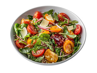 Fresh Colorful Salad with Cherry Tomatoes, Quinoa, Spinach, Onions, and Cheese in White Bowl on Light Background