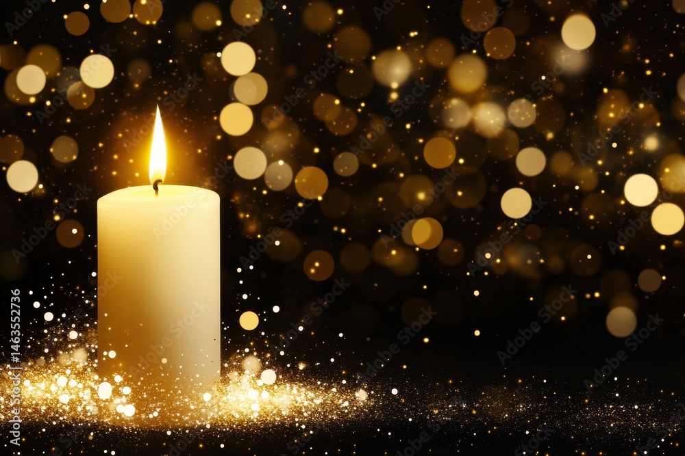Poster glowing candle with golden glitter on a dark background creating a festive atmosphere perfect for ho