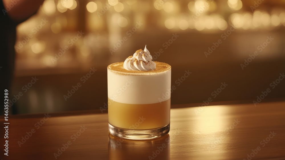 Aufkleber elegant layered cocktail with whipped cream topping on bar counter in warm light studio shot