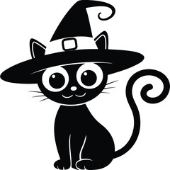 Cute Black Cat Wearing Witch Hat Halloween Vector Illustration in Silhouette Style
