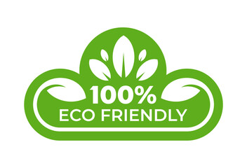 100% Eco friendly logo with simple flat leaf for icon, label, insigna, seal, tag, sign, seal, symbol, badge, stamp, sticker, emblem. Vector Illustration