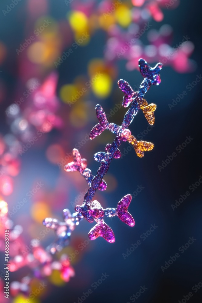 Poster abstract molecular structure close up with bokeh background showing science and research in a colorf