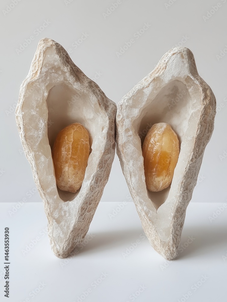 Aufkleber abstract still life featuring two stone sculptures holding amber colored objects studio shot minimal