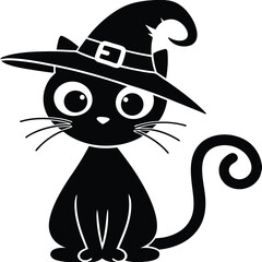 Cute Black Cat Wearing Witch Hat Halloween Vector Illustration in Silhouette Style
