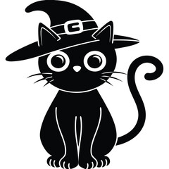 Cute Black Cat Wearing Witch Hat Halloween Vector Illustration in Silhouette Style

