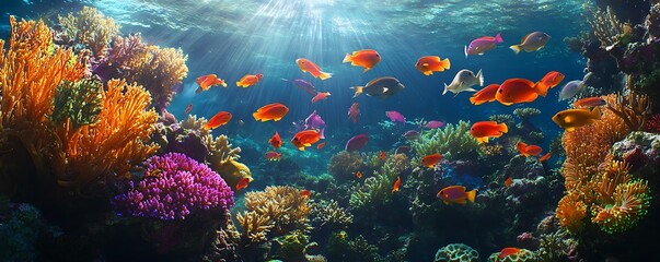 A vibrant coral reef underwater teeming with colorful fish and marine life