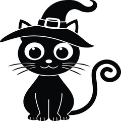Cute Black Cat Wearing Witch Hat Halloween Vector Illustration in Silhouette Style
