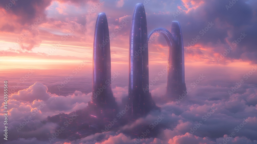Aufkleber 劇的なピンクとオレンジの空の雲の上にそびえ立つ未来的な抽象的な建築物 素晴らしい夕暮れ時の超高層ビルと雲海