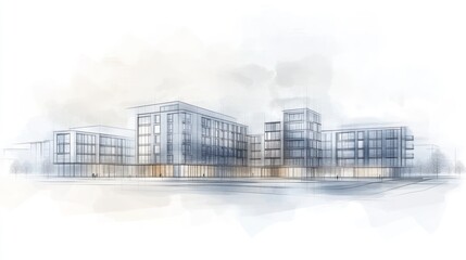 Modern building complex watercolor architectural illustration