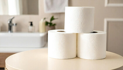バスルームに積み重ねられた白いトイレットペーパー。White toilet paper stacked in a bathroom.
