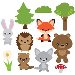 Naklejka premium Cute baby forest animals collection vector cartoon illustration