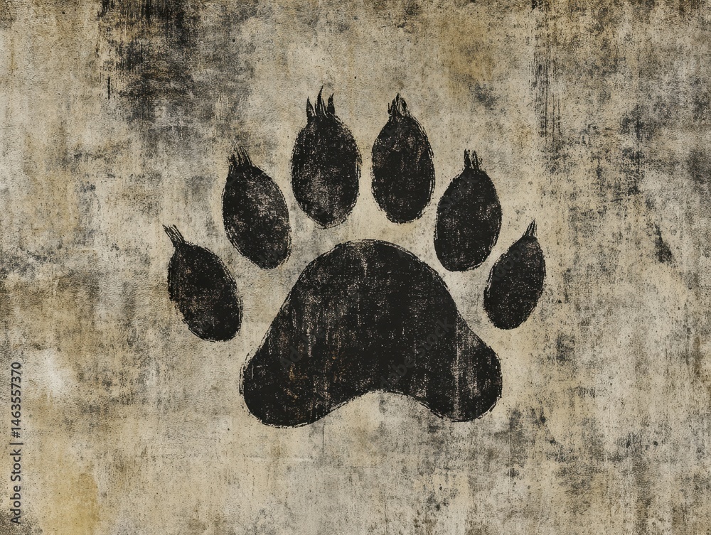 Aufkleber Textured Background with Black Bear Paw Print on Distressed Surface Close Up Abstract Grunge Style Design Element