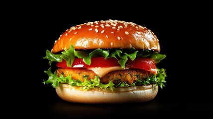 Juicy veggie burger closeup sesame bun fresh ingredients food photography