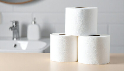 バスルームに積み重ねられた白いトイレットペーパー。White toilet paper stacked in a bathroom.