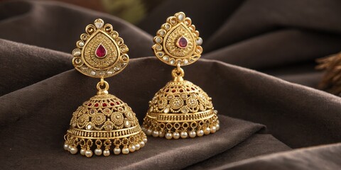 Gold Jhumka Earrings Intricate Design, Close-up Photography, Indian Jewelry Indian jewelry, Jhumkas