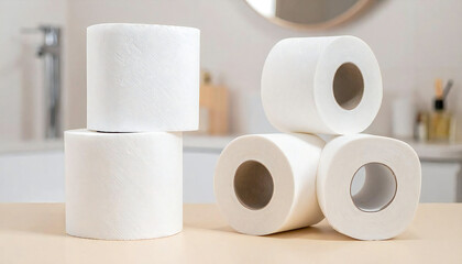 バスルームに積み重ねられた白いトイレットペーパー。White toilet paper stacked in a bathroom.