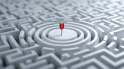Red arrow in a circular maze target success strategy and problem solving concept