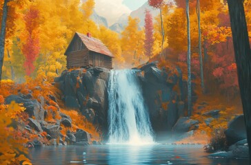 Fototapeta premium Long exposure shot of a waterfall in a vibrant autumn forest