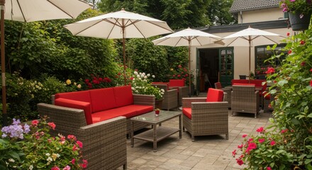 Outdoor seating area with red cushions and umbrellas