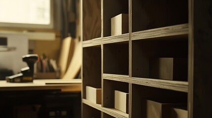 Wooden Shelves with Blocks in a Workshop