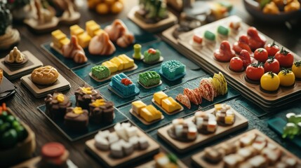 Colorful assortment of delicately crafted desserts arranged on wooden plates in a cozy caf? setting