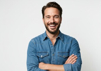 Man in denim shirt smiling with arms crossed against isolated on white background