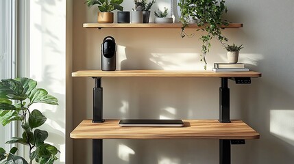 Modern adjustable standing desk with shelves, plants, and home decor
