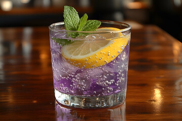 Purple Cocktail with Lemon and Mint in Rocks Glass