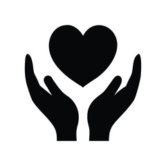 A simple black and white graphic of two hands gently cradling a heart shape.